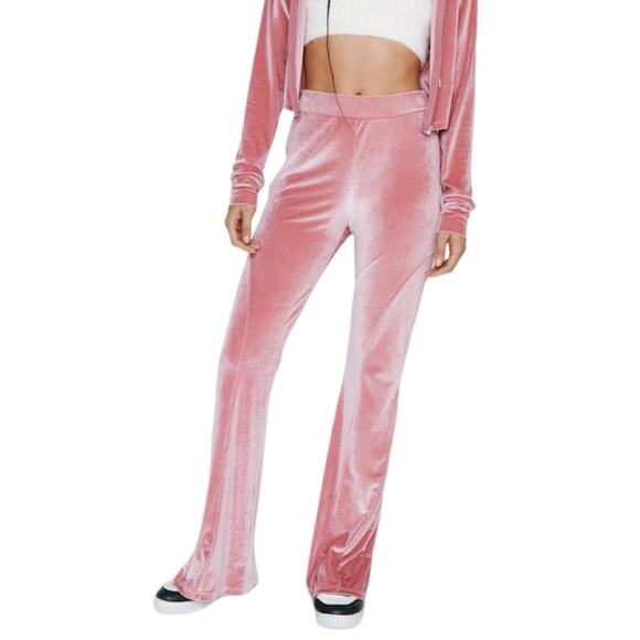Nasty Gal Premium Pink Velour Puddle Flare Stretchy Pull On Retro Style Pants 8 - Picture 1 of 10
